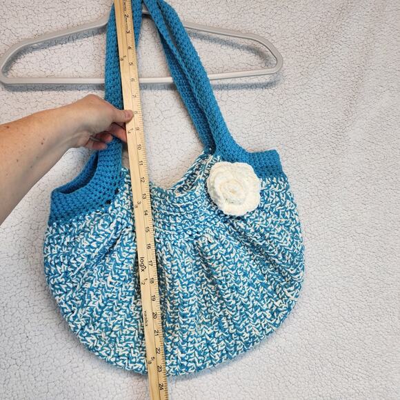 Crochet Market Bag Blue White Floral Detail Two Handle Handmade Boho Hippie - Picture 8 of 10